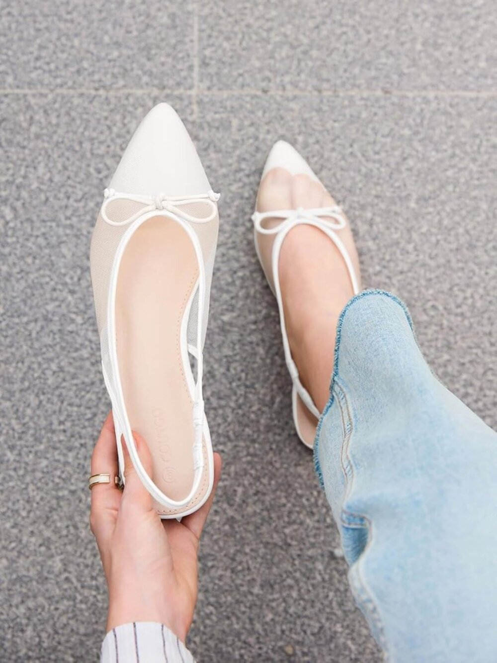 Women's White Slingback Flats Bow Closed Pointed Toe Mesh Ballet Flats Sandals - Picture 2 of 6